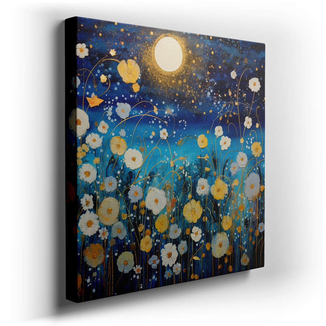 canvas print on wrapped canvas for wall decor – This captivating wall art, set against a deep blue night sky, offers a mesmerizing glimpse into a moonlit garden that se...