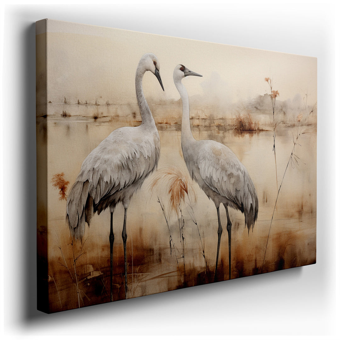 canvas print on wrapped canvas for wall decor – This exquisite wall art captures the essence of tranquility and harmony through the depiction of two elegant cranes set...