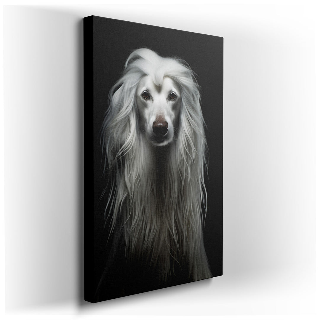 canvas print on wrapped canvas for wall decor – This wall art captures the majestic essence of a long-haired dog, bathed in an ethereal light that seems to transcend th...