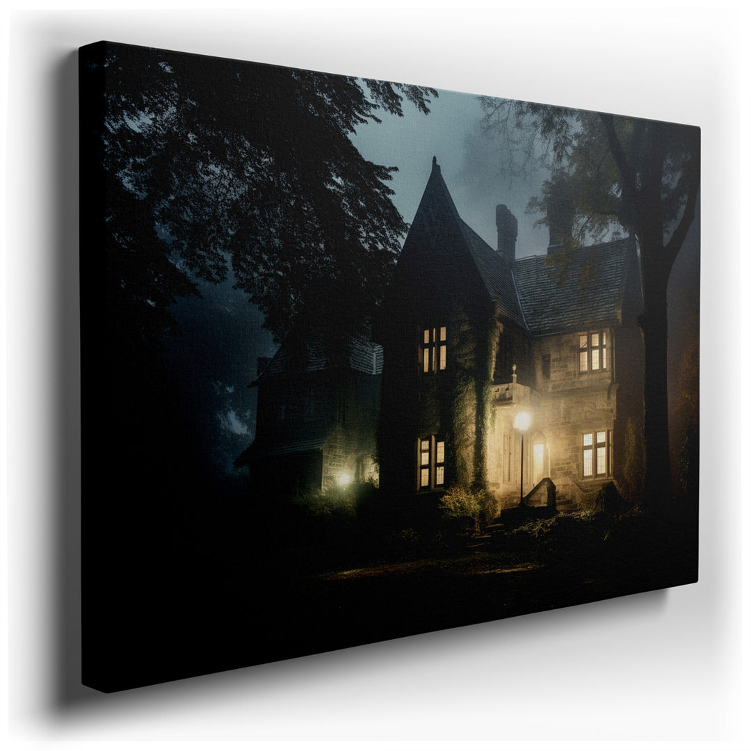 canvas print on wrapped canvas for wall decor – This wall art captures a Victorian mansion, shrouded in a thick, ethereal mist that seems to whisper secrets of a bygone...
