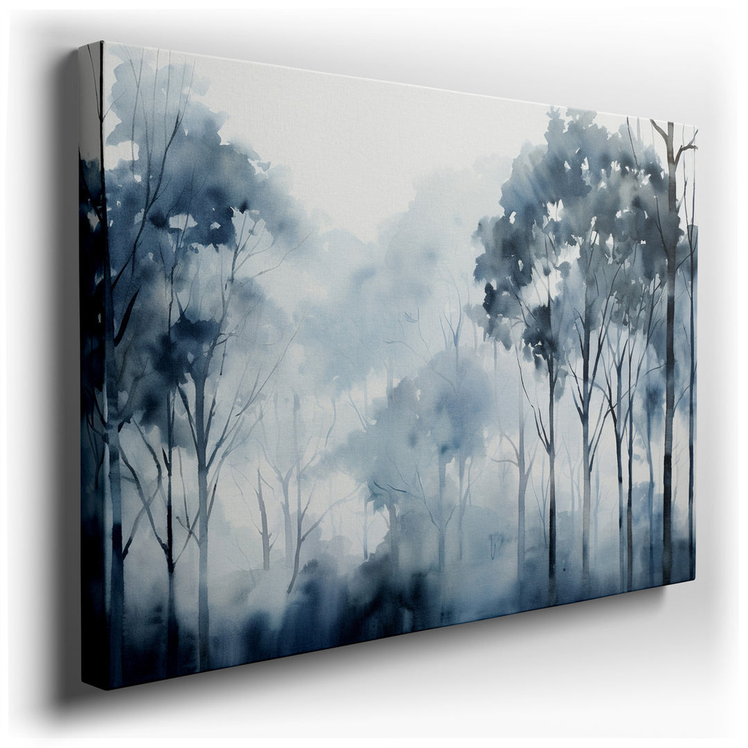 canvas print on wrapped canvas for wall decor – This enchanting watercolor wall art captures a landscape shrouded in a delicate veil of fog, where trees materialize lik...