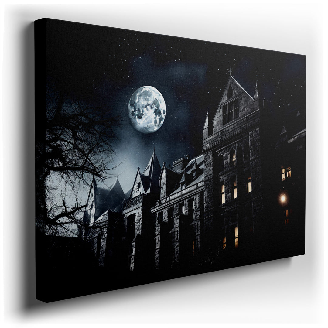 canvas print on wrapped canvas for wall decor – The wall art captures a hauntingly beautiful old mansion, bathed in the ethereal light of a full moon, casting a soft gl...