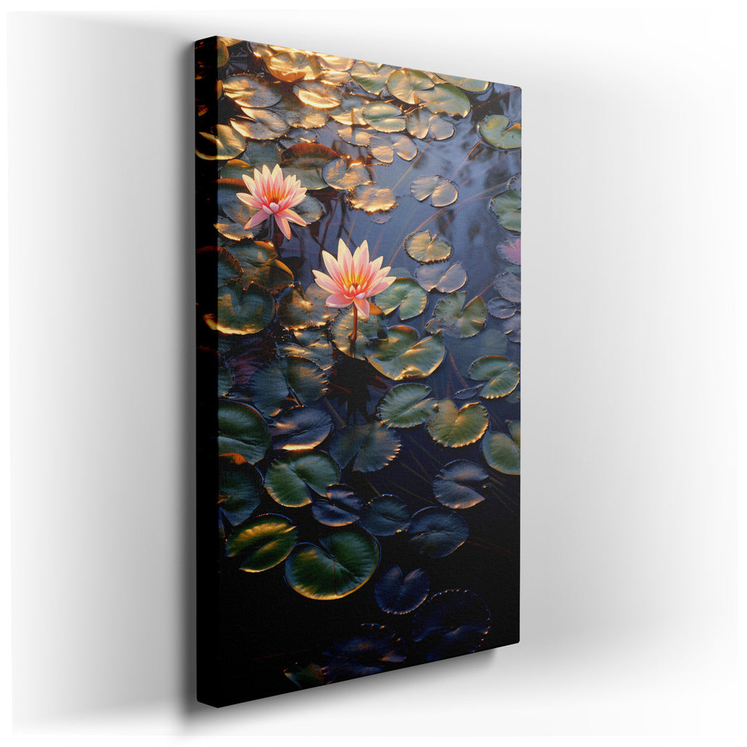 canvas print on wrapped canvas for wall decor – This exquisite wall art captures the ethereal beauty of pink water lilies floating gracefully on the tranquil surface of...