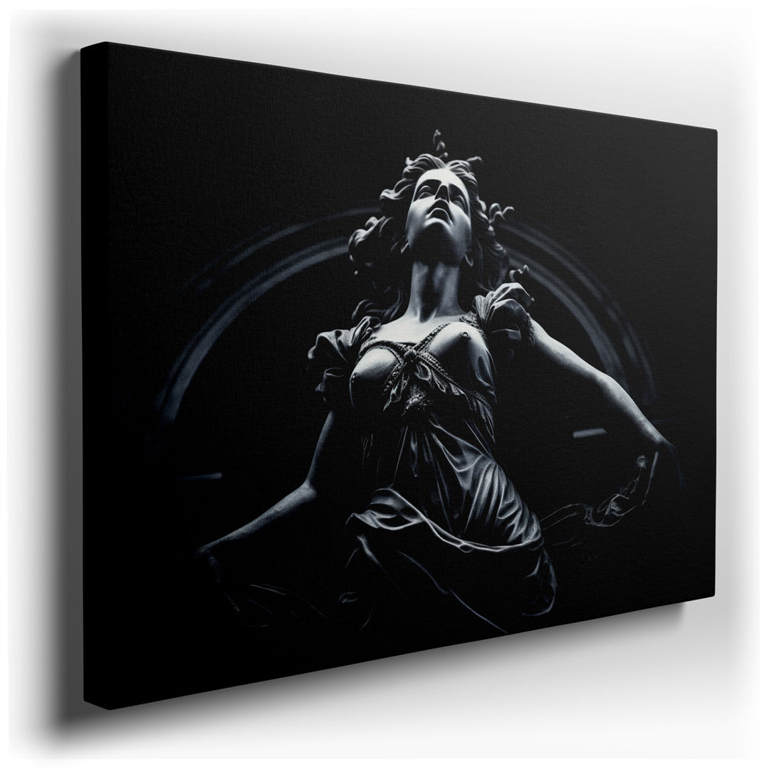 canvas print on wrapped canvas for wall decor – This wall art, a masterful depiction of an ethereal statue, captures the essence of motion and timeless beauty through i...