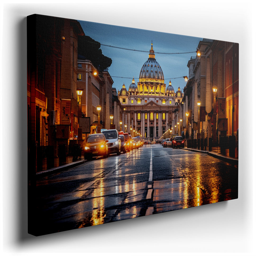 canvas print on wrapped canvas for wall decor – This exquisite wall art portrays the majestic St. Peter's Basilica, a masterpiece of Renaissance architecture, bathed in...