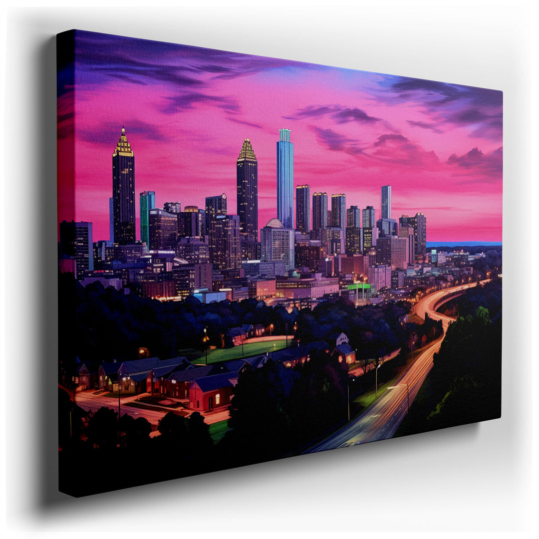 canvas print on wrapped canvas for wall decor – This wall art is a captivating portrayal of Atlanta's skyline, rendered in a vibrant evening light that highlights the c...