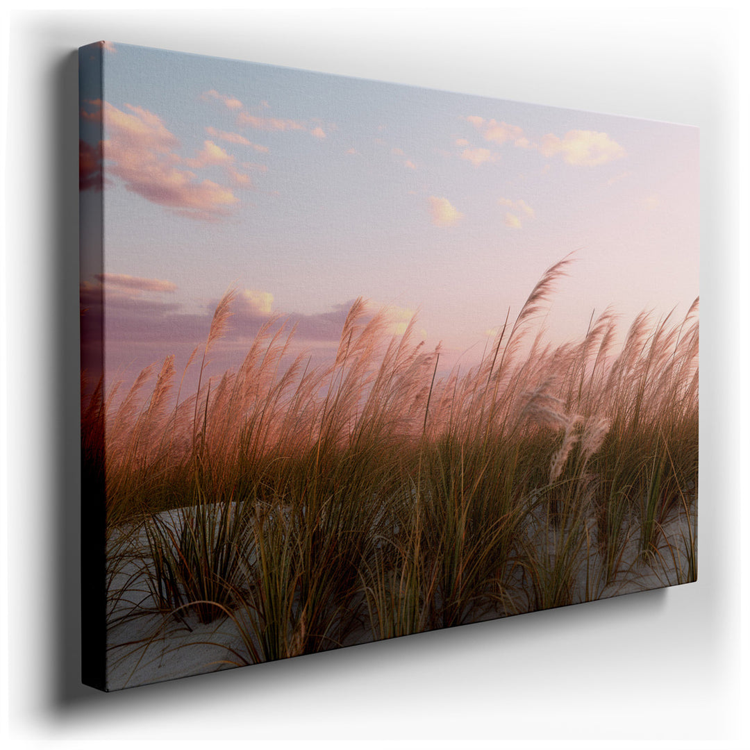 canvas print on wrapped canvas for wall decor – Imagine a wall art that captures the essence of a serene evening by the shore, where the delicate dance of dune grass sw...