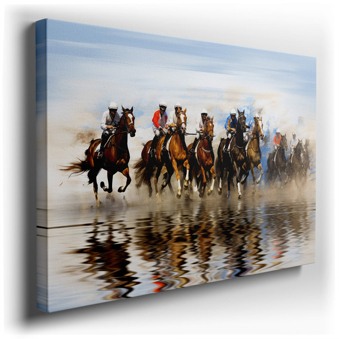 canvas print on wrapped canvas for wall decor – This captivating wall art vividly portrays the exhilarating essence of a horse race, making it a masterpiece that captur...