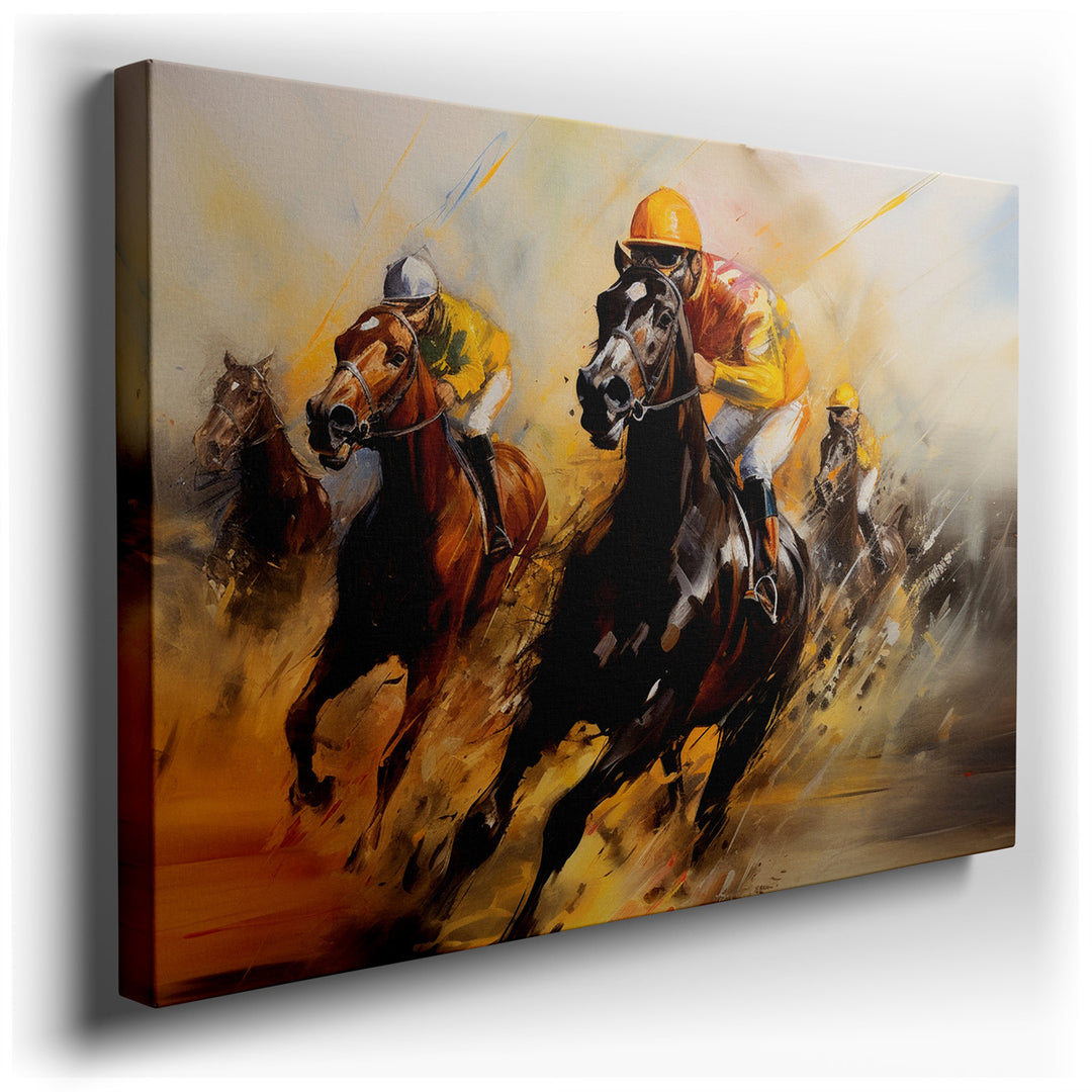 canvas print on wrapped canvas for wall decor – This wall art, a vibrant and dynamic representation of horse racing, captures the essence of the sport with an intensity...