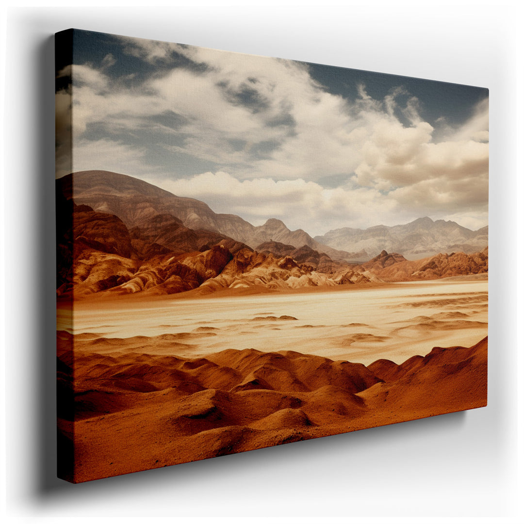 canvas print on wrapped canvas for wall decor – The wall art presents an expansive desert landscape that stretches endlessly under a vast, dramatic cloudy sky. In the b...