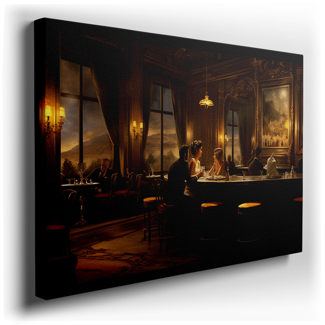 canvas print on wrapped canvas for wall decor – The wall art captures a refined dining scene set within the plush confines of an upscale bar, where the essence of elega...