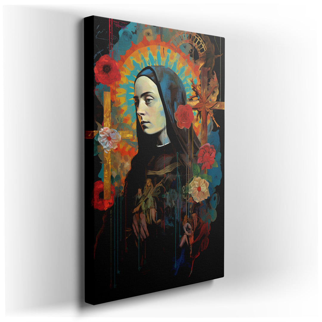 canvas print on wrapped canvas for wall decor – This enchanting wall art portrays a saintly figure, captured in a moment of serene contemplation, surrounded by a lush t...