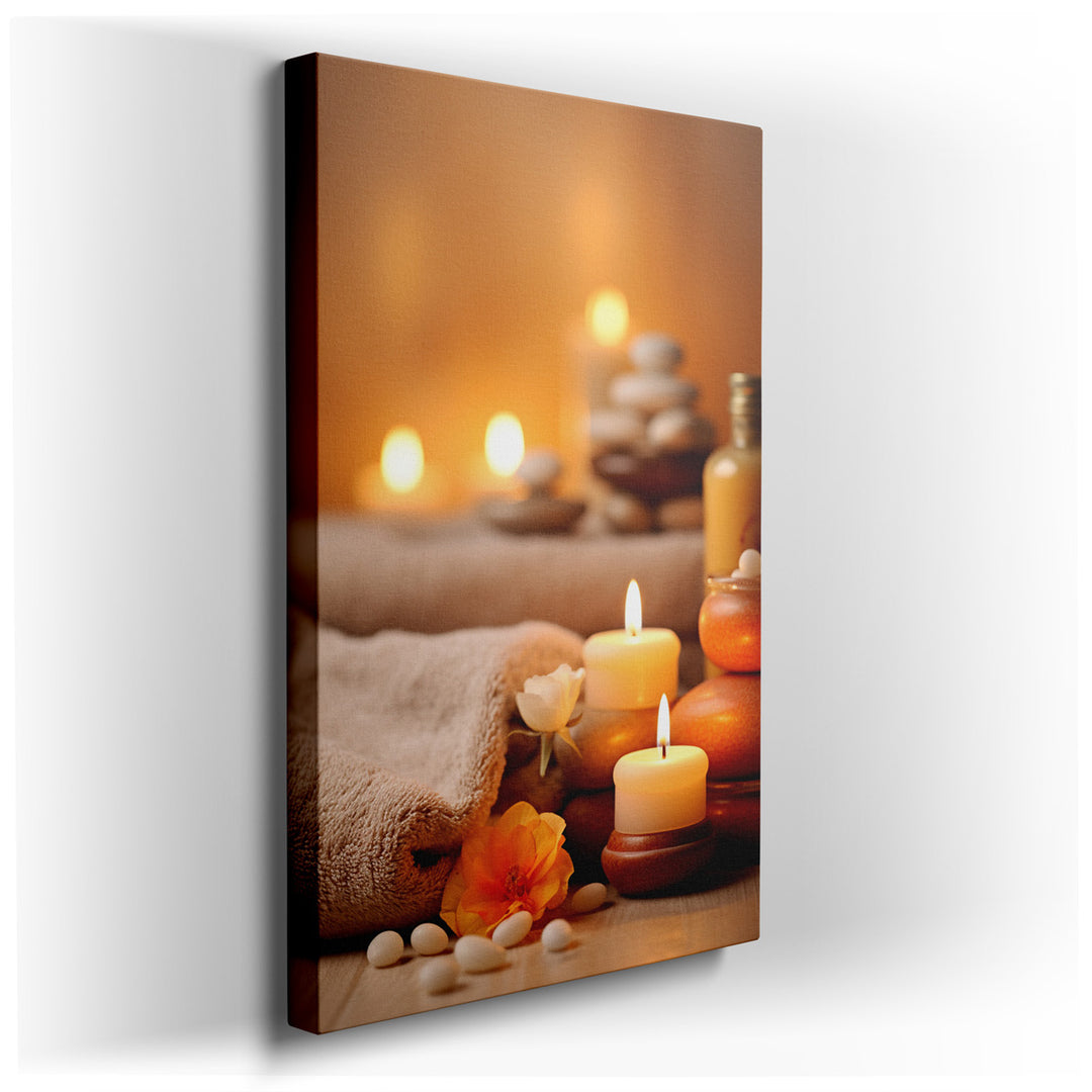 canvas print on wrapped canvas for wall decor – This wall art, a masterful depiction of a serene spa setting, is an invitation to tranquility and calm. It portrays an a...