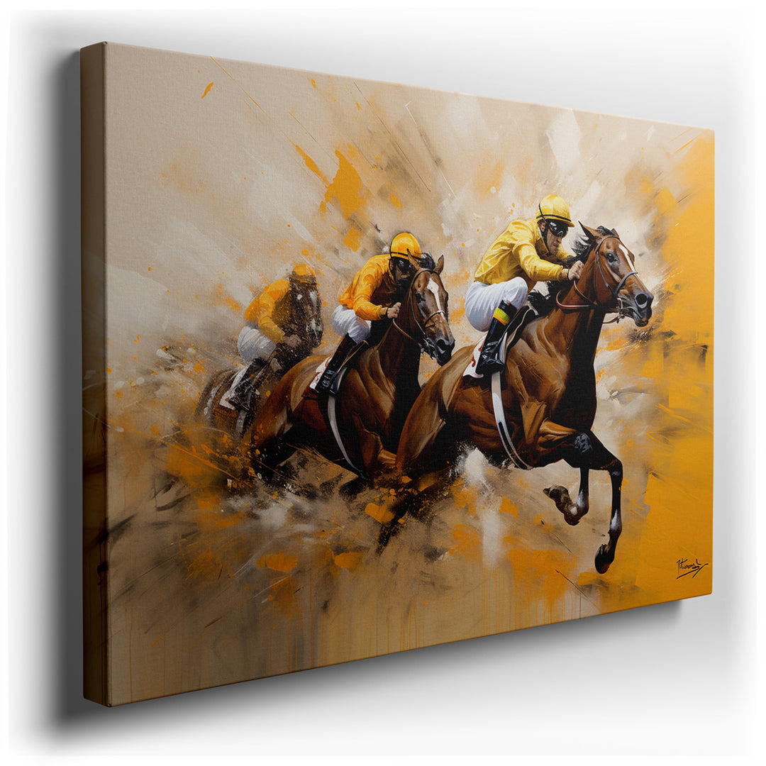 canvas print on wrapped canvas for wall decor – This wall art is a vivid and dynamic representation of a horse racing event, a scene that pulsates with the raw energy a...