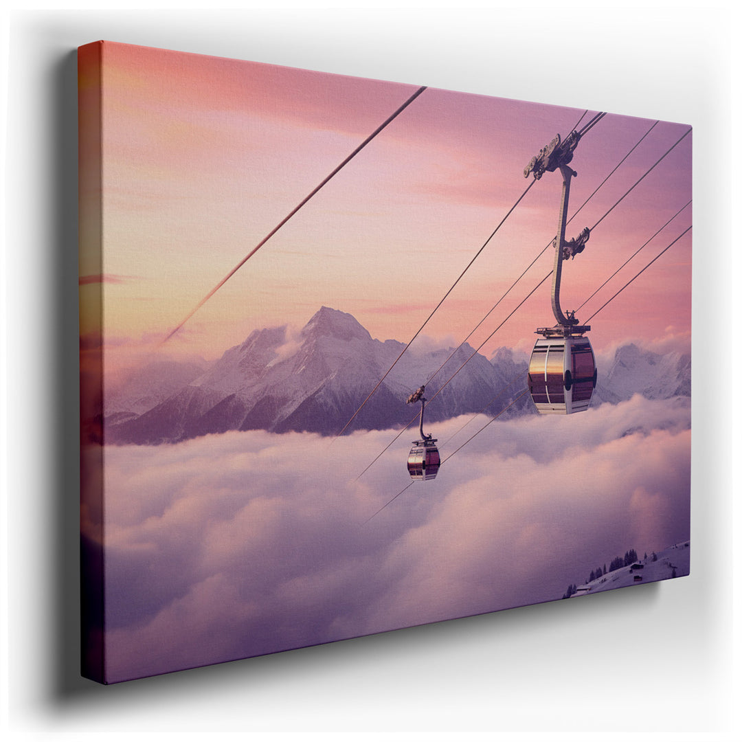 canvas print on wrapped canvas for wall decor – This wall art captures a breathtaking aerial view of gondola lifts gracefully gliding over a pristine snowy mountain ran...