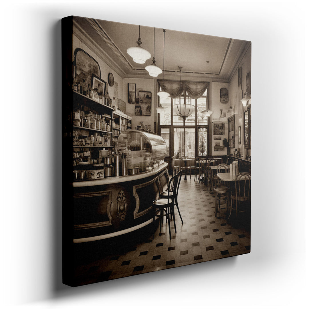 canvas print on wrapped canvas for wall decor – This wall art captures the essence of a timeless café, a scene that seems to have been plucked from a bygone era, yet re...