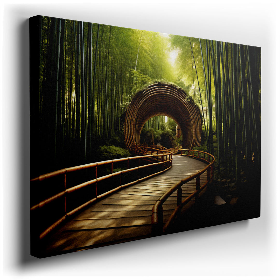 canvas print on wrapped canvas for wall decor – This captivating wall art portrays a serene journey through a dense bamboo forest, where a rustic wooden walkway beckons...