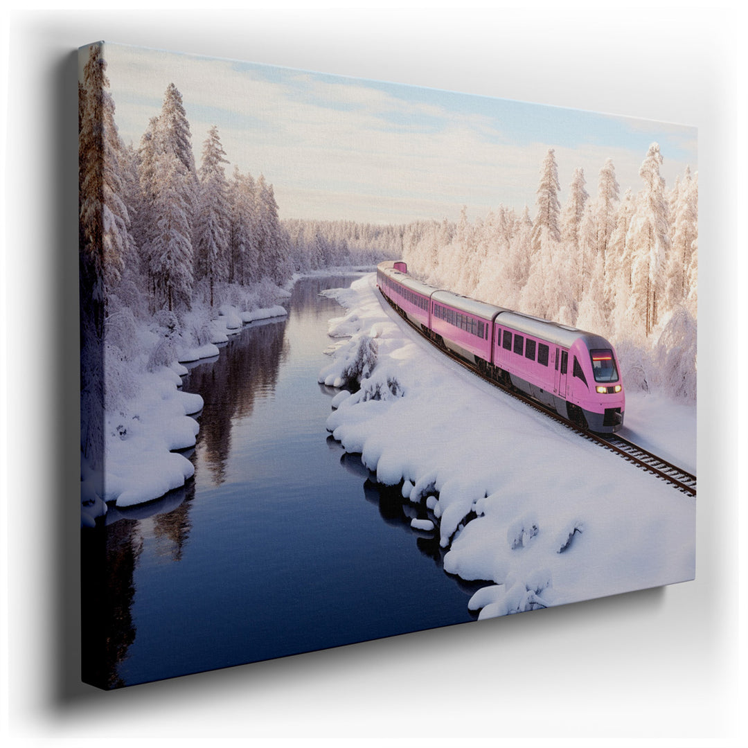 canvas print on wrapped canvas for wall decor – Imagine a wall art that encapsulates the essence of a serene winter journey, where a stunning pink train gracefully mean...