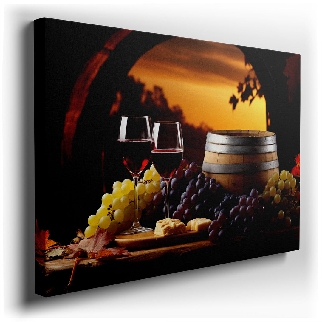 canvas print on wrapped canvas for wall decor – This wall art, a masterful depiction of a still life arrangement, features an elegant ensemble of wine glasses, cheese,...