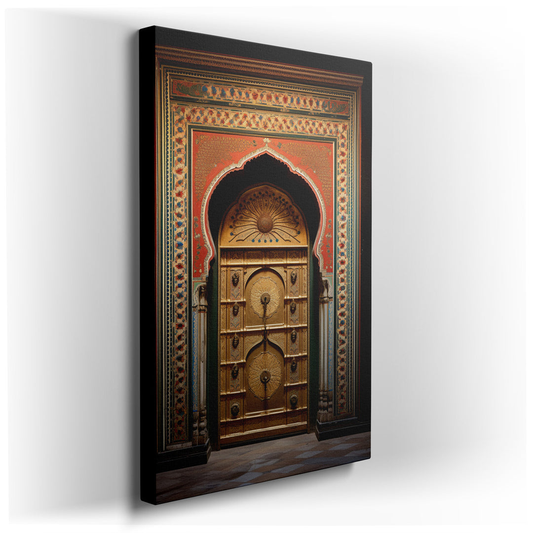 canvas print on wrapped canvas for wall decor – The wall art in question is a masterful depiction of a traditional doorway, richly adorned with vibrant colors and intri...