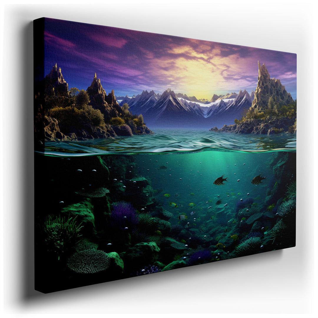 canvas print on wrapped canvas for wall decor – This enchanting wall art captures a dual realm of nature's splendor, presenting a seamless integration of an underwater...