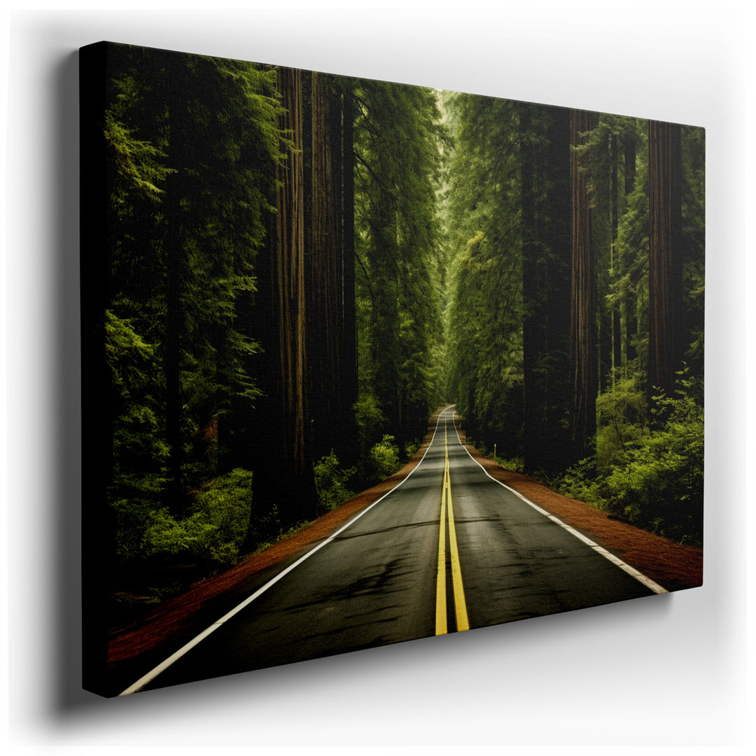 canvas print on wrapped canvas for wall decor – This exquisite wall art captures a breathtaking scene of a winding road embraced by the towering majesty of ancient redw...