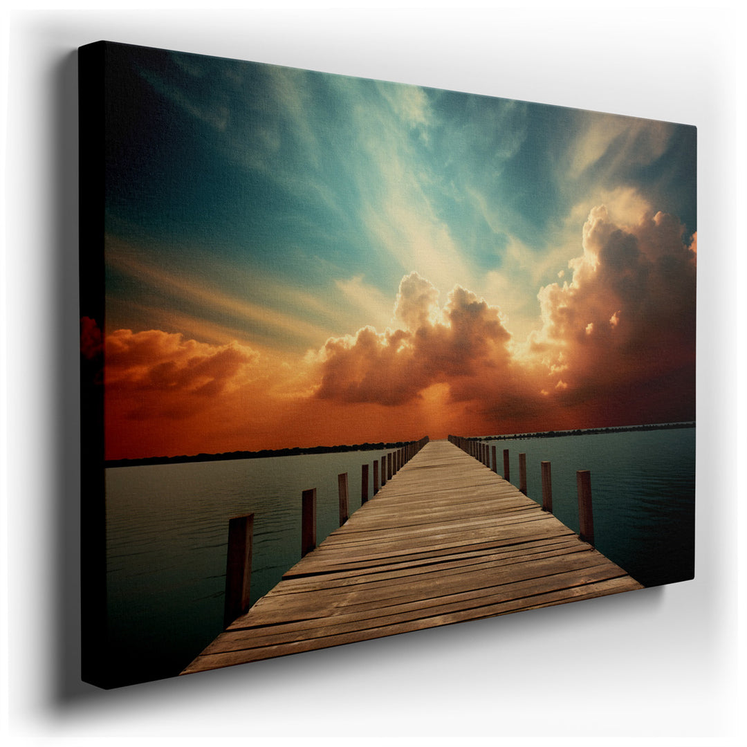 canvas print on wrapped canvas for wall decor – This wall art, a captivating portrayal of nature's quiet spectacle, features a rustic wooden pier that draws the viewer'...