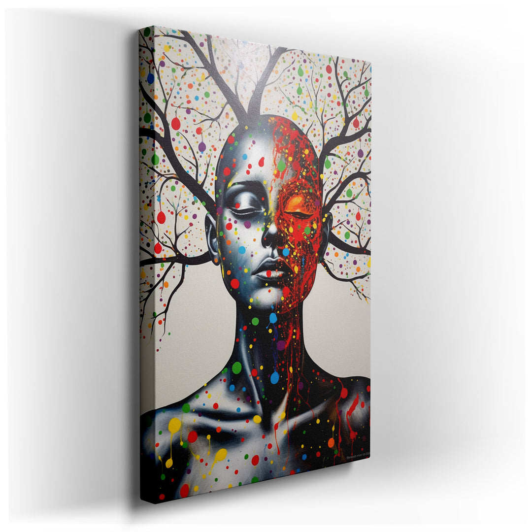 canvas print on wrapped canvas for wall decor – This captivating wall art portrays the visage of a woman, rendered with a palette of striking colors and a myriad of int...