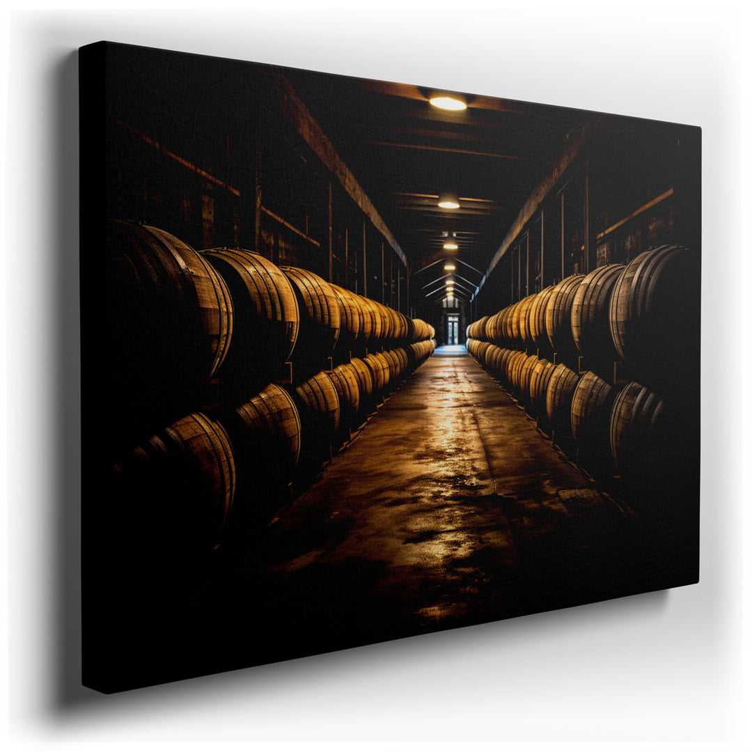 canvas print on wrapped canvas for wall decor – This wall art, a masterful depiction of a corridor lined with wooden barrels, exudes an atmosphere of warmth and nostalg...