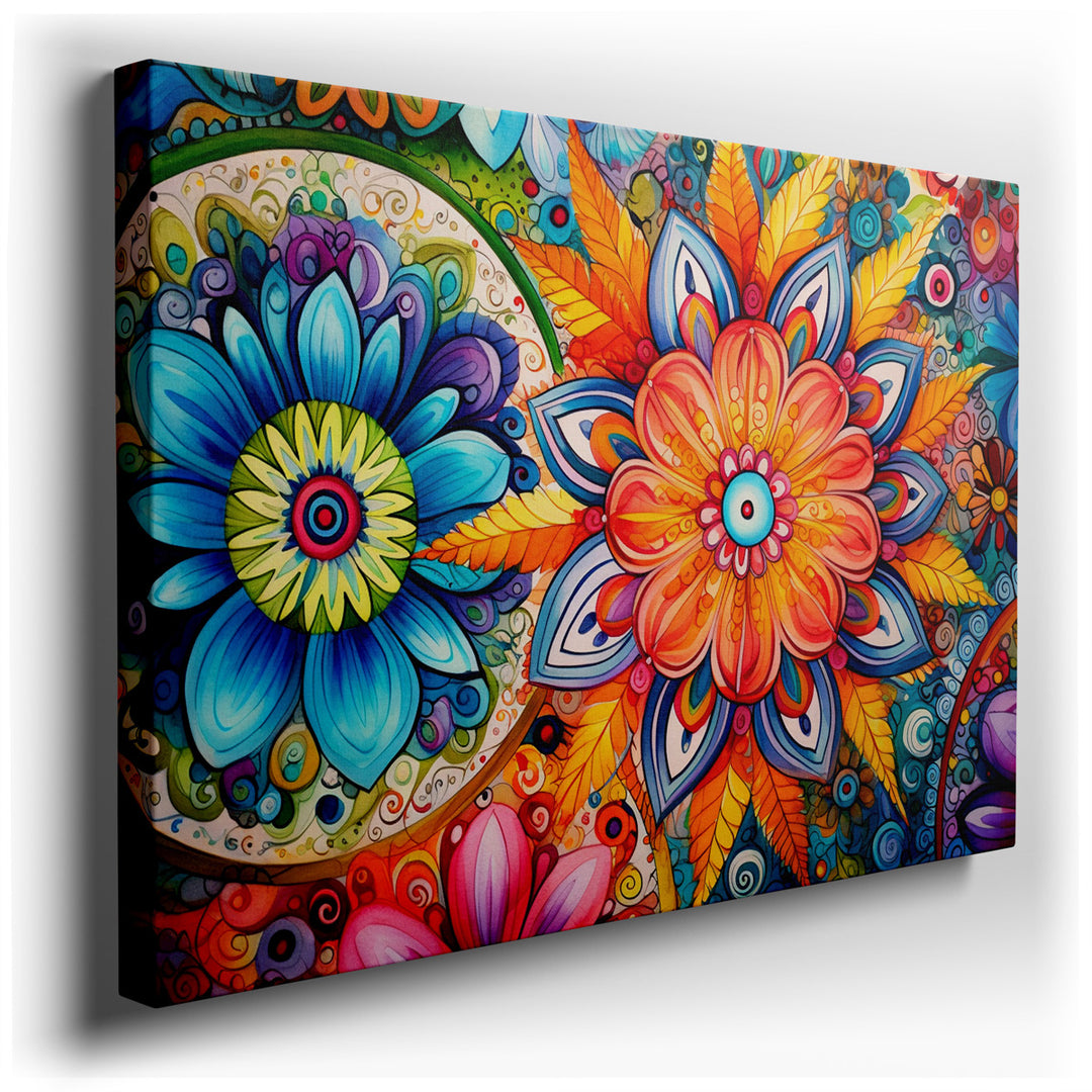 canvas print on wrapped canvas for wall decor – The wall art in question is a mesmerizing composition that masterfully intertwines floral patterns with a vibrant palett...
