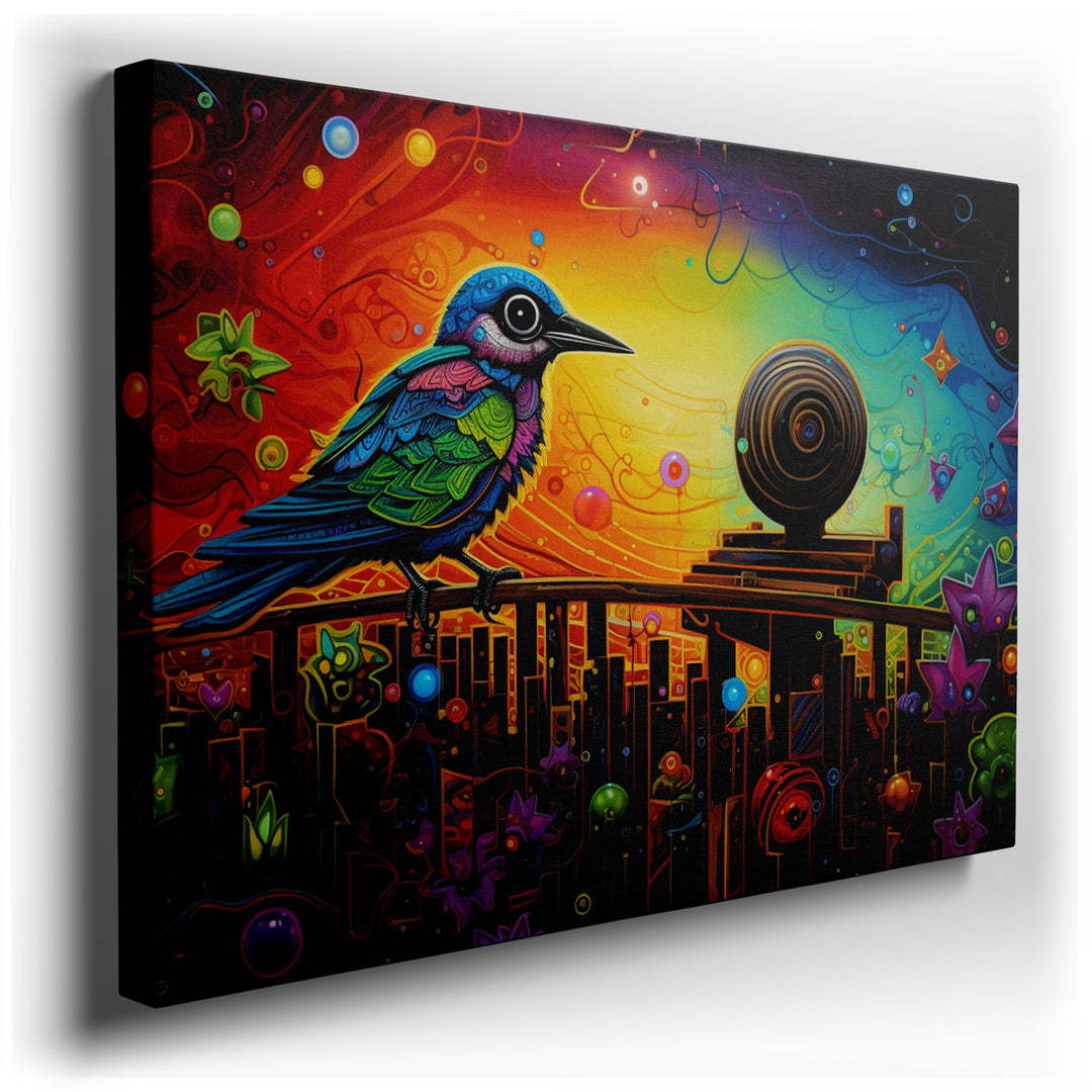 canvas print on wrapped canvas for wall decor – This wall art, a captivating composition of vibrant hues and imaginative forms, presents a vivid bird as its central fig...