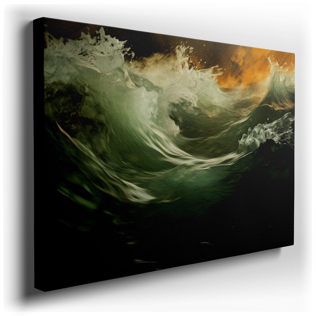 canvas print on wrapped canvas for wall decor – Experience the raw power of nature captured in this dramatic wall art, where ocean waves crash against the rugged shorel...
