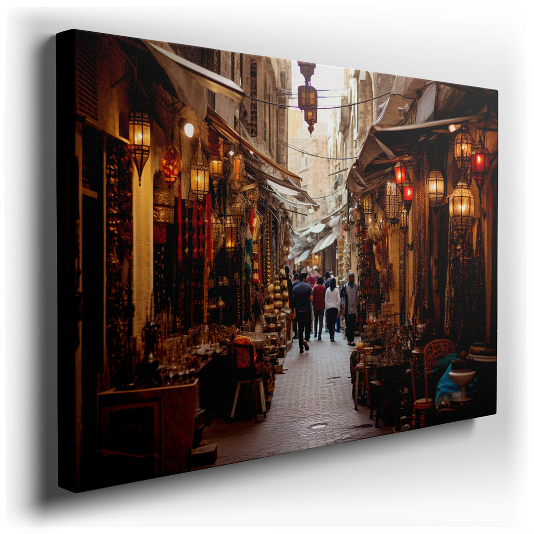canvas print on wrapped canvas for wall decor – This wall art captures the essence of a bustling marketplace alley, a scene that is both vibrant and rich in cultural he...
