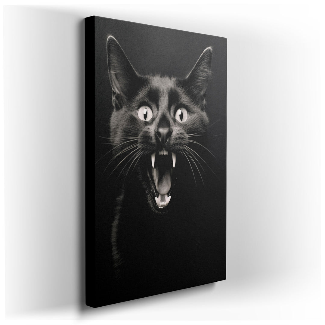 canvas print on wrapped canvas for wall decor – This wall art is a compelling and dramatic representation of a black cat captured in a moment of raw emotion. The portra...