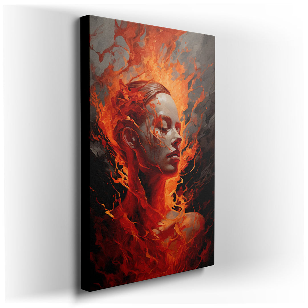 canvas print on wrapped canvas for wall decor – This captivating wall art portrays a woman enveloped in a fiery aura, her presence both serene and commanding amidst the...