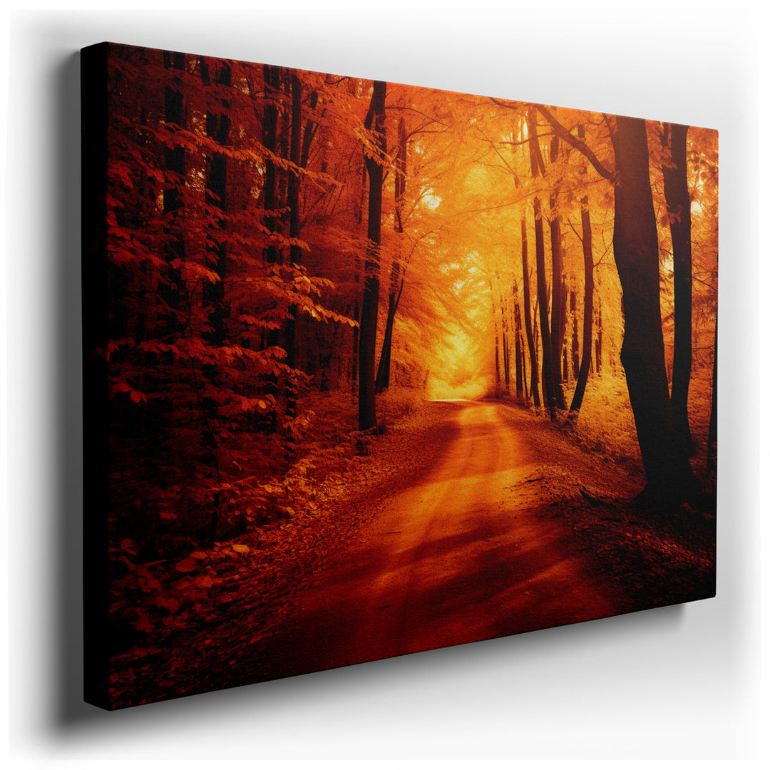 canvas print on wrapped canvas for wall decor – This exquisite wall art portrays a tranquil pathway during the autumn season, bathed in a gentle, diffused light that se...