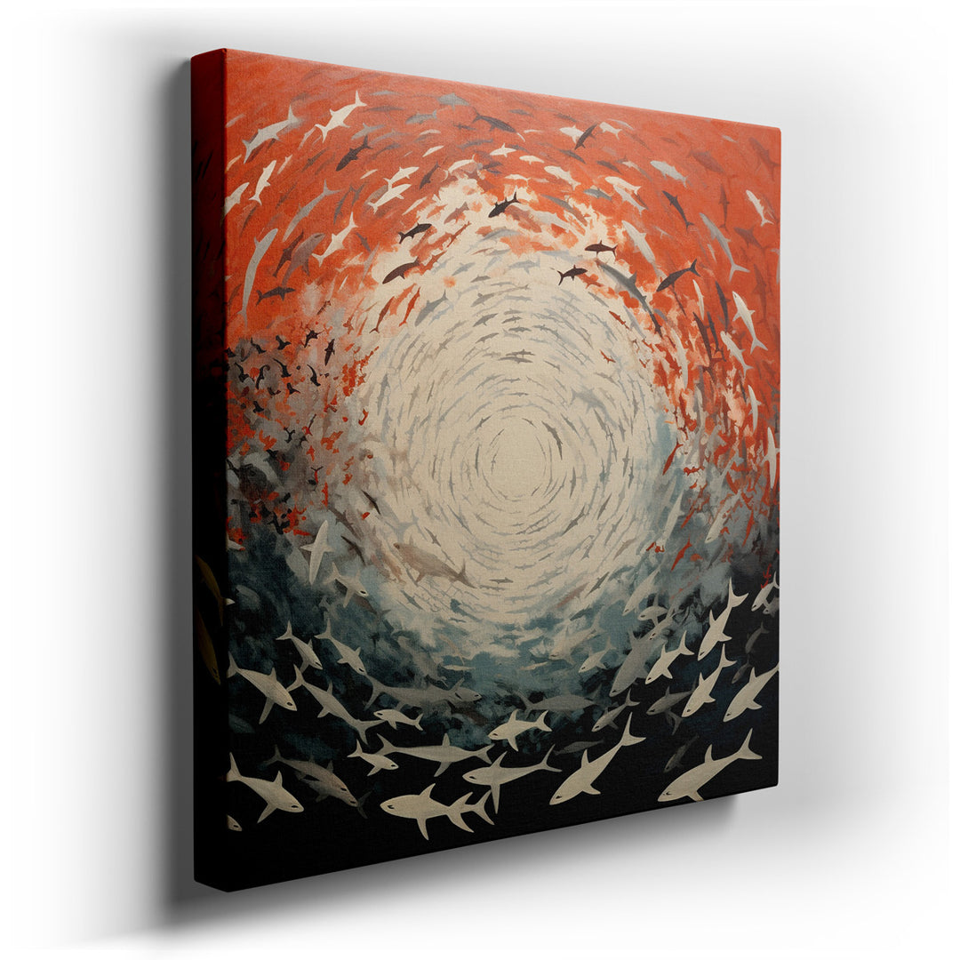 canvas print on wrapped canvas for wall decor – This captivating wall art portrays a mesmerizing scene of a school of sharks, elegantly captured in a swirling circular...