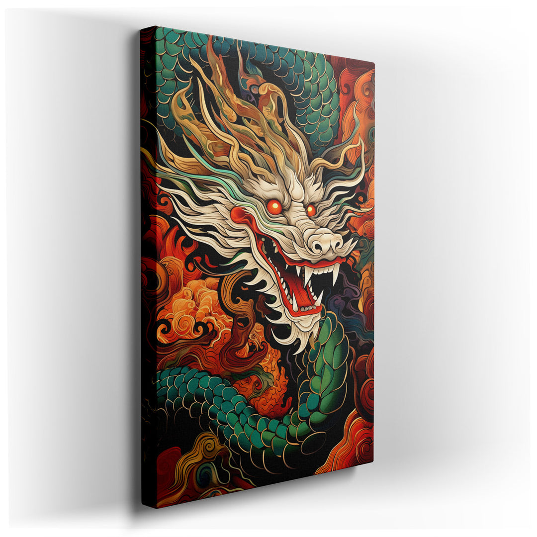 canvas print on wrapped canvas for wall decor – This captivating wall art is a masterful representation of a majestic dragon, an iconic figure in Eastern mythology. The...