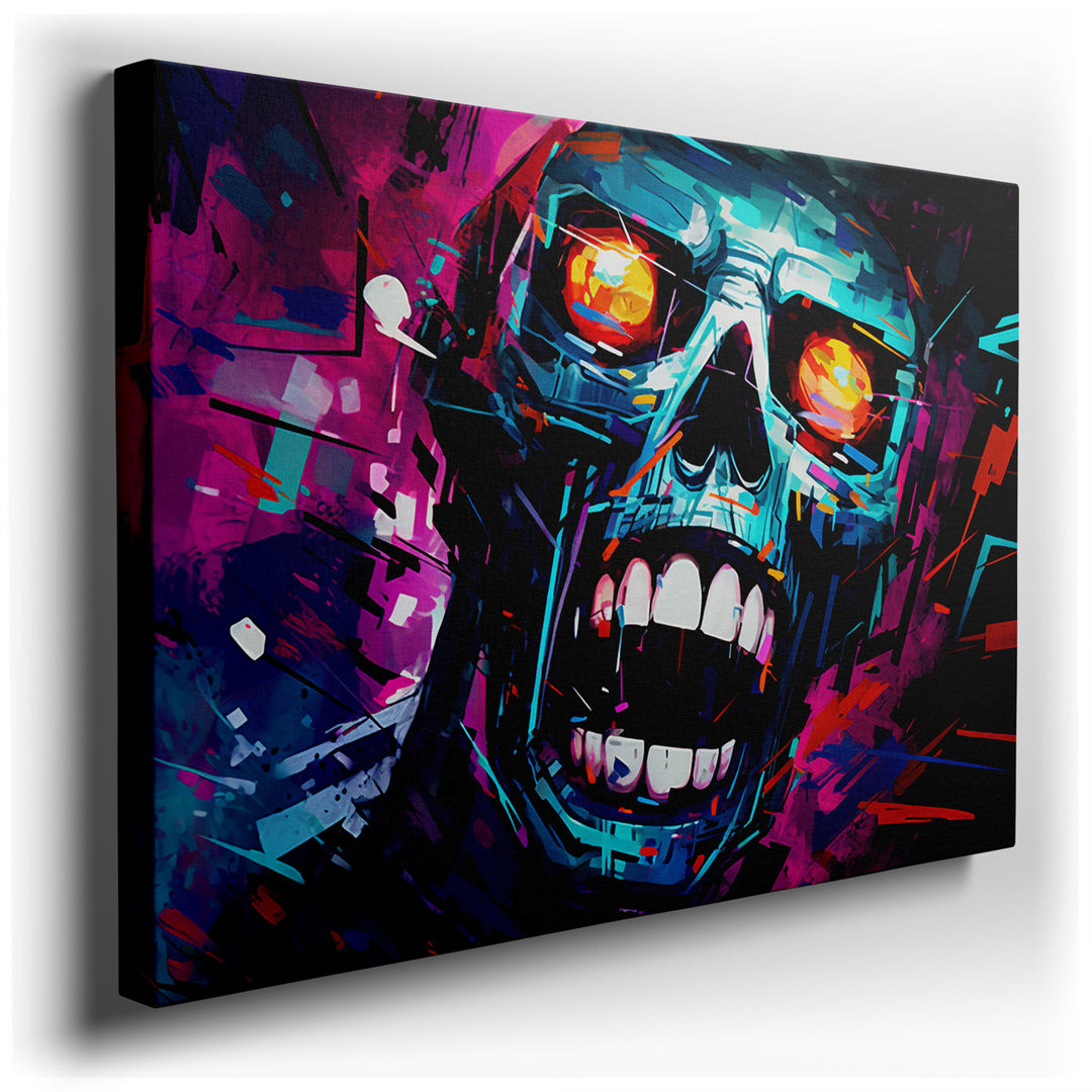canvas print on wrapped canvas for wall decor – This wall art, a mesmerizing abstract depiction of a skull, captivates the viewer with its intense fiery eyes that seem...