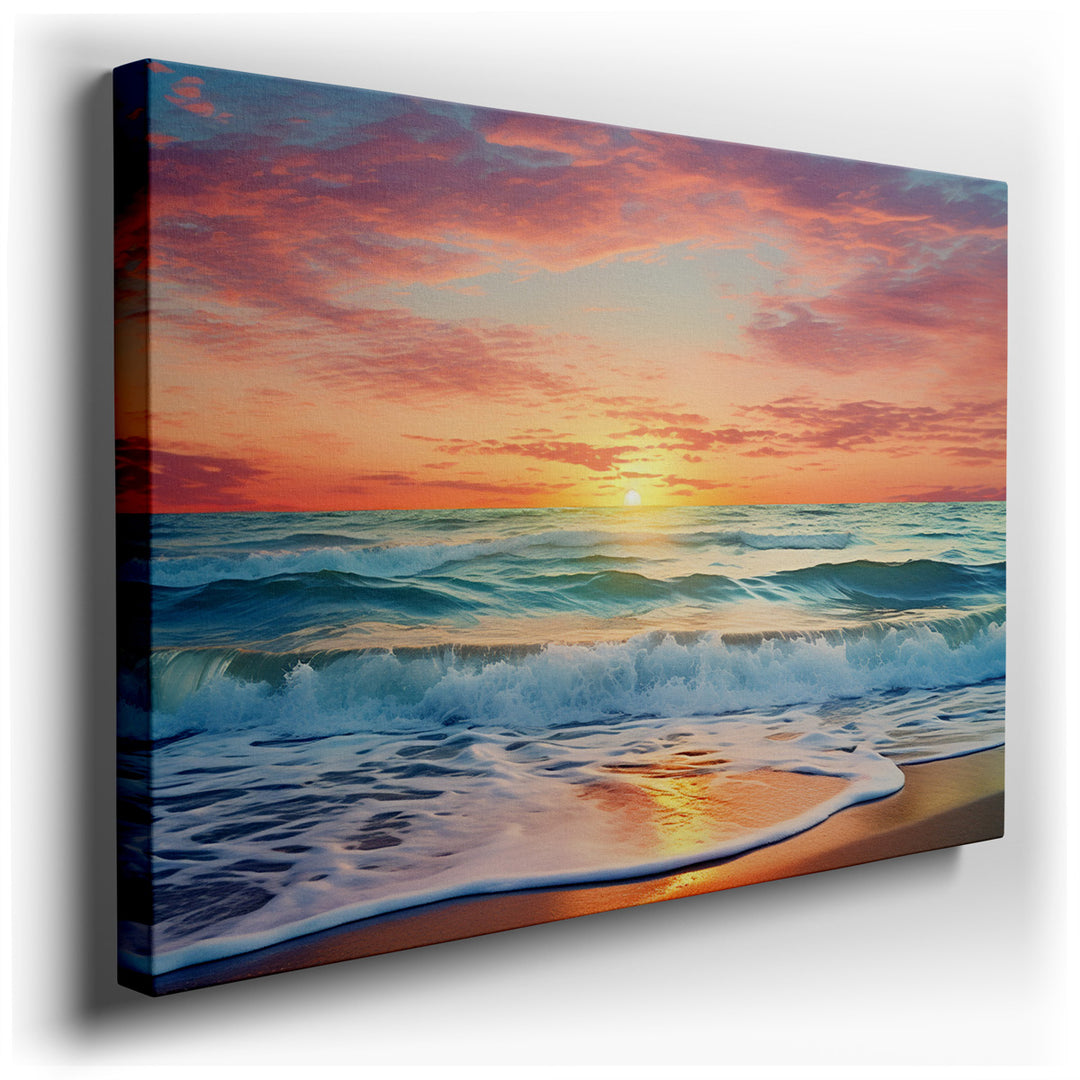 canvas print on wrapped canvas for wall decor – This wall art, a mesmerizing depiction of a sunset over the ocean, is a masterful celebration of color and emotion, perf...