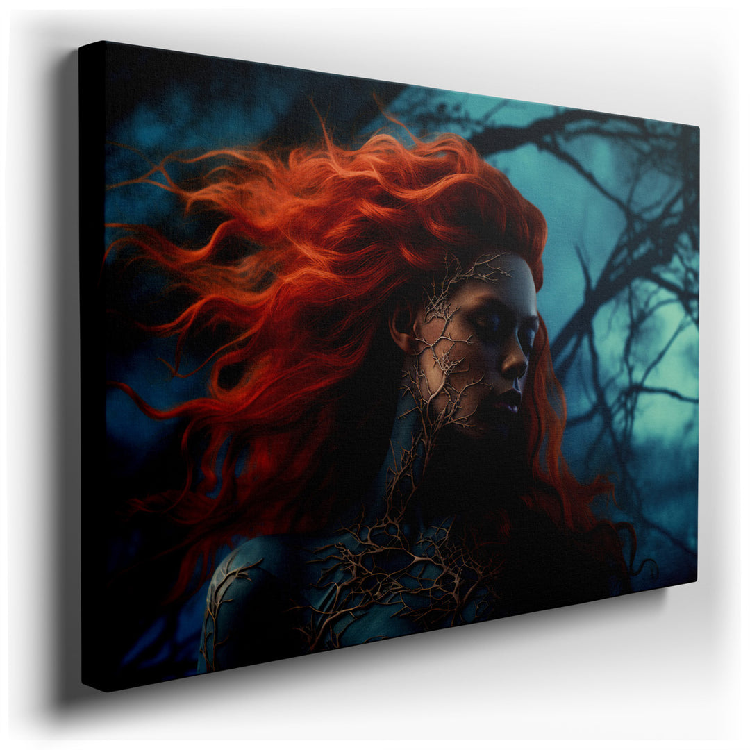 canvas print on wrapped canvas for wall decor – This captivating wall art portrays a woman whose presence is both enigmatic and profoundly connected to the natural worl...
