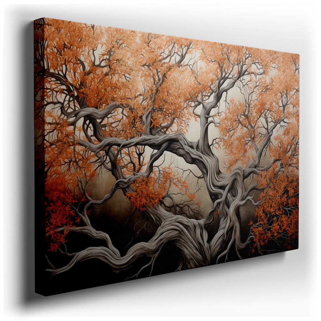 canvas print on wrapped canvas for wall decor – This exquisite wall art portrays the grandeur of a majestic tree in the full splendor of autumn. The tree, with its thic...