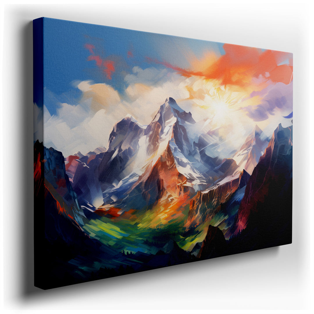 canvas print on wrapped canvas for wall decor – This wall art, a masterful depiction of a majestic mountain landscape at sunrise, is an artwork that captures the essenc...