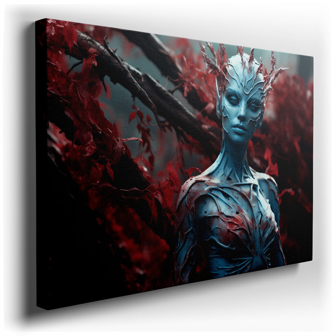 canvas print on wrapped canvas for wall decor – This captivating wall art presents a surreal figure, intricately adorned with textures reminiscent of the ocean's depth,...