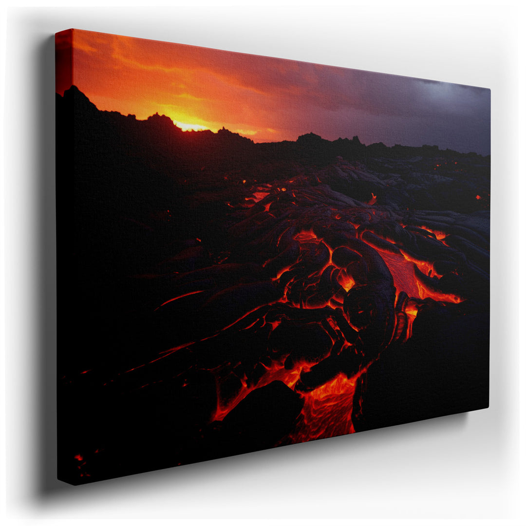 canvas print on wrapped canvas for wall decor – The wall art captures a mesmerizing scene of nature's formidable power and stunning beauty, where molten lava flows rele...