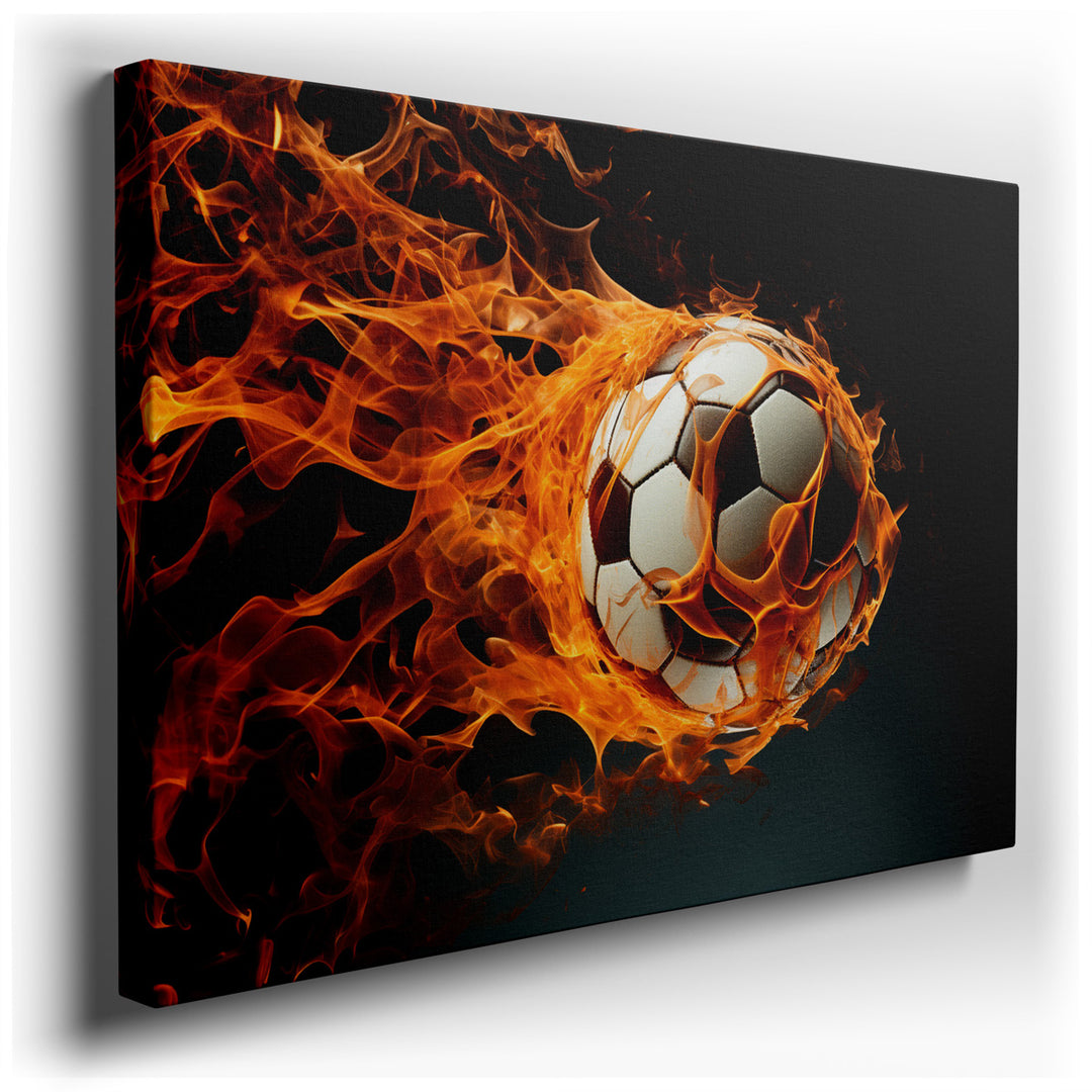 canvas print on wrapped canvas for wall decor – This wall art, a vivid and dynamic representation of a soccer ball engulfed in flames, serves as a powerful symbol of pa...