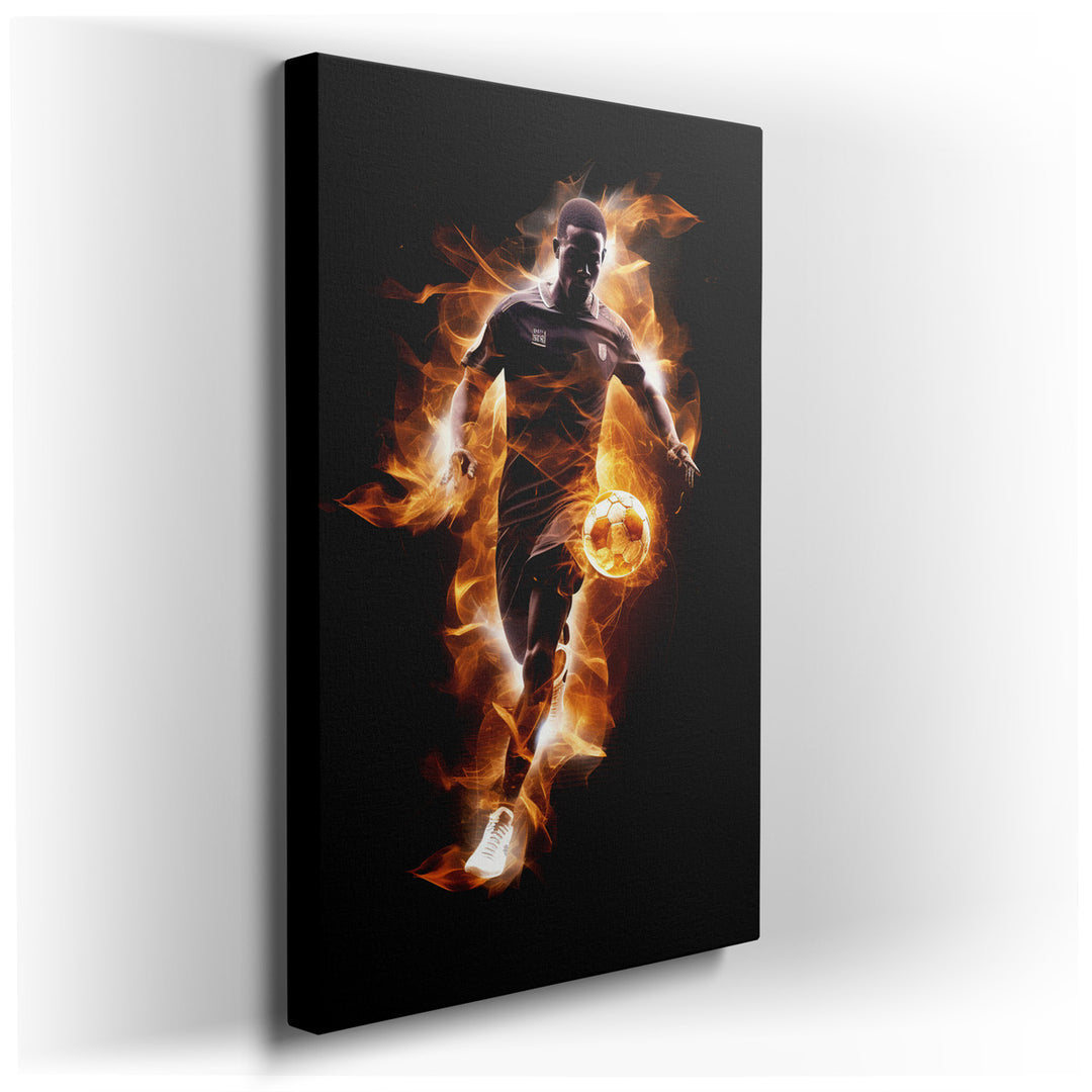 canvas print on wrapped canvas for wall decor – This wall art is a vivid and dynamic representation of a soccer player fully engaged in the heat of the game, encapsulat...