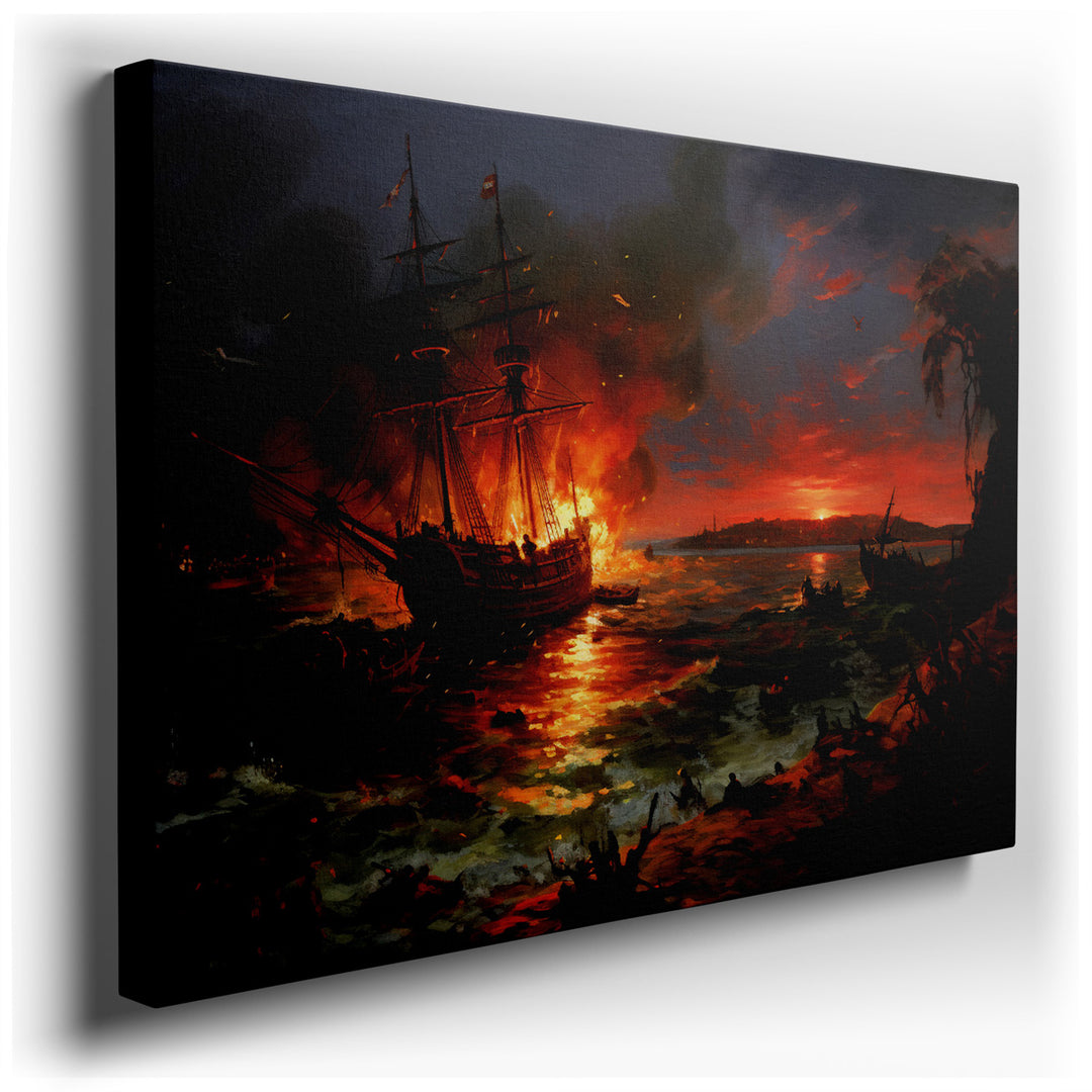 canvas print on wrapped canvas for wall decor – This evocative wall art portrays a dramatic historical naval scene, where a ship is engulfed in fierce flames against th...