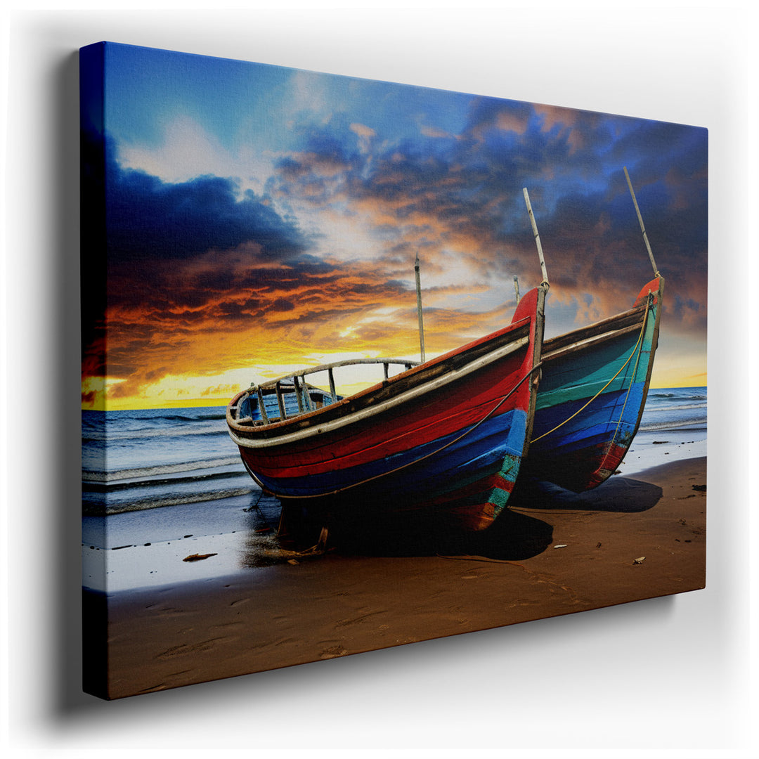 canvas print on wrapped canvas for wall decor – This evocative wall art captures a serene yet poignant moment on a deserted beach where two rustic fishing boats lie aba...
