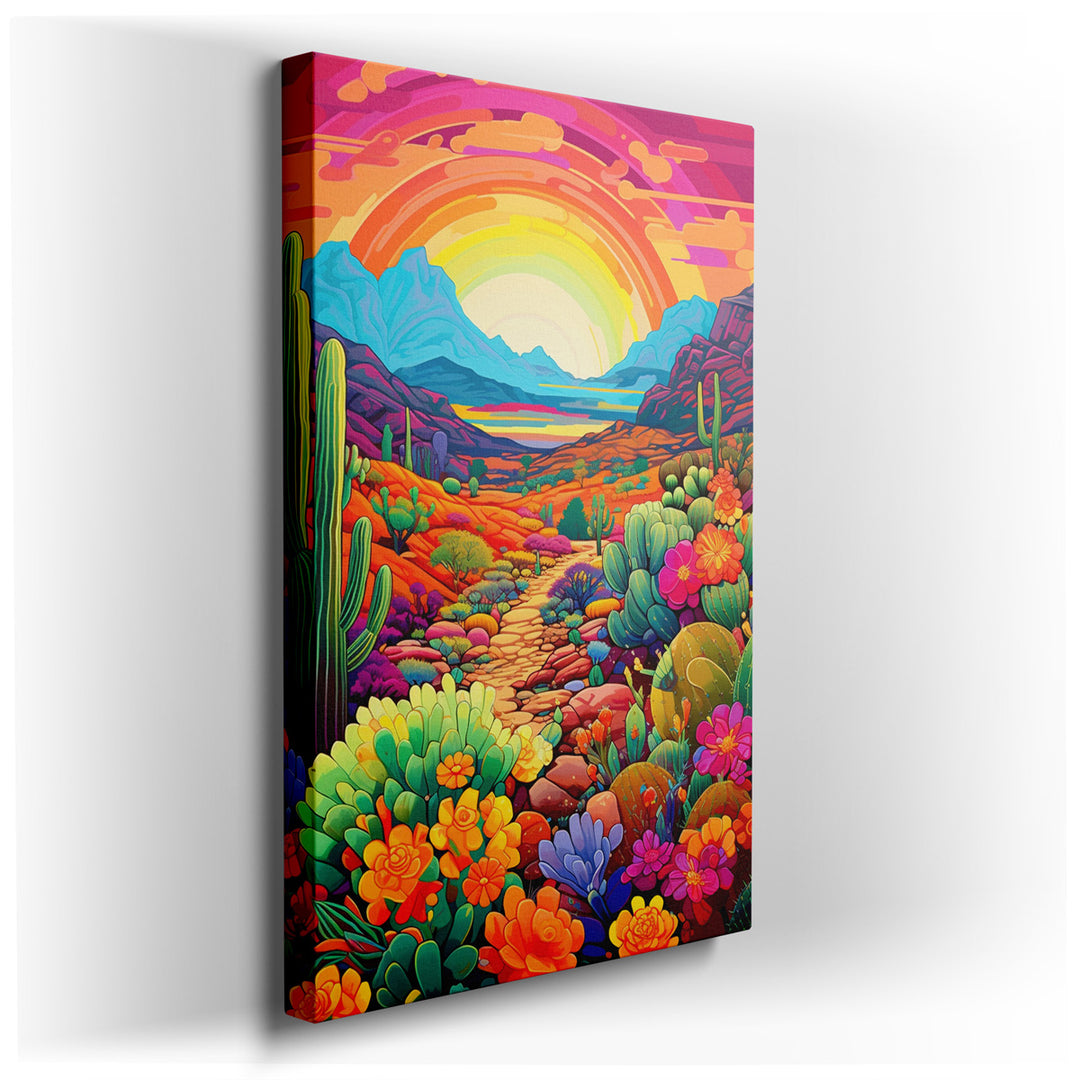 canvas print on wrapped canvas for wall decor – This wall art, a vibrant desert landscape, is a masterpiece that encapsulates the breathtaking beauty of a sunset cascad...